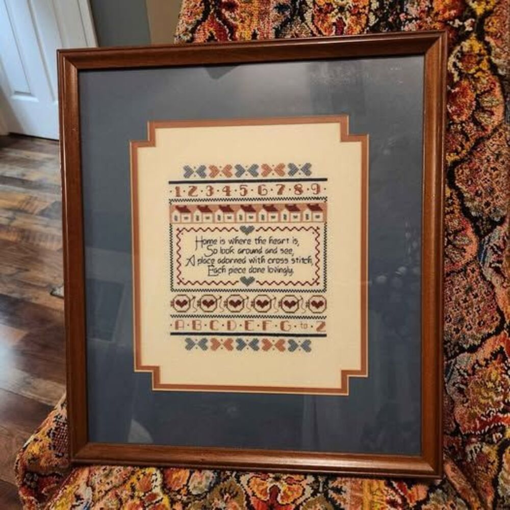 Vtg Cross Stitch Wall Art Solid Wood Frame 15x17"Cottagecore Home Teacher Quote